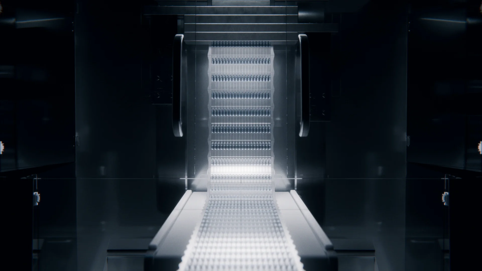 Still frame from the animation depicting the sterile controlled environment of the Syfpac DUO, with glowing highlights on the integrated BFS workflow for enhanced visual clarity.